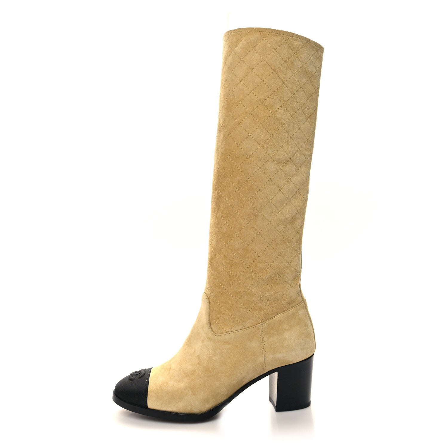 Chanel Suede Grosgrain Stitched CC High Boots 37 Beige Black 1 of 8