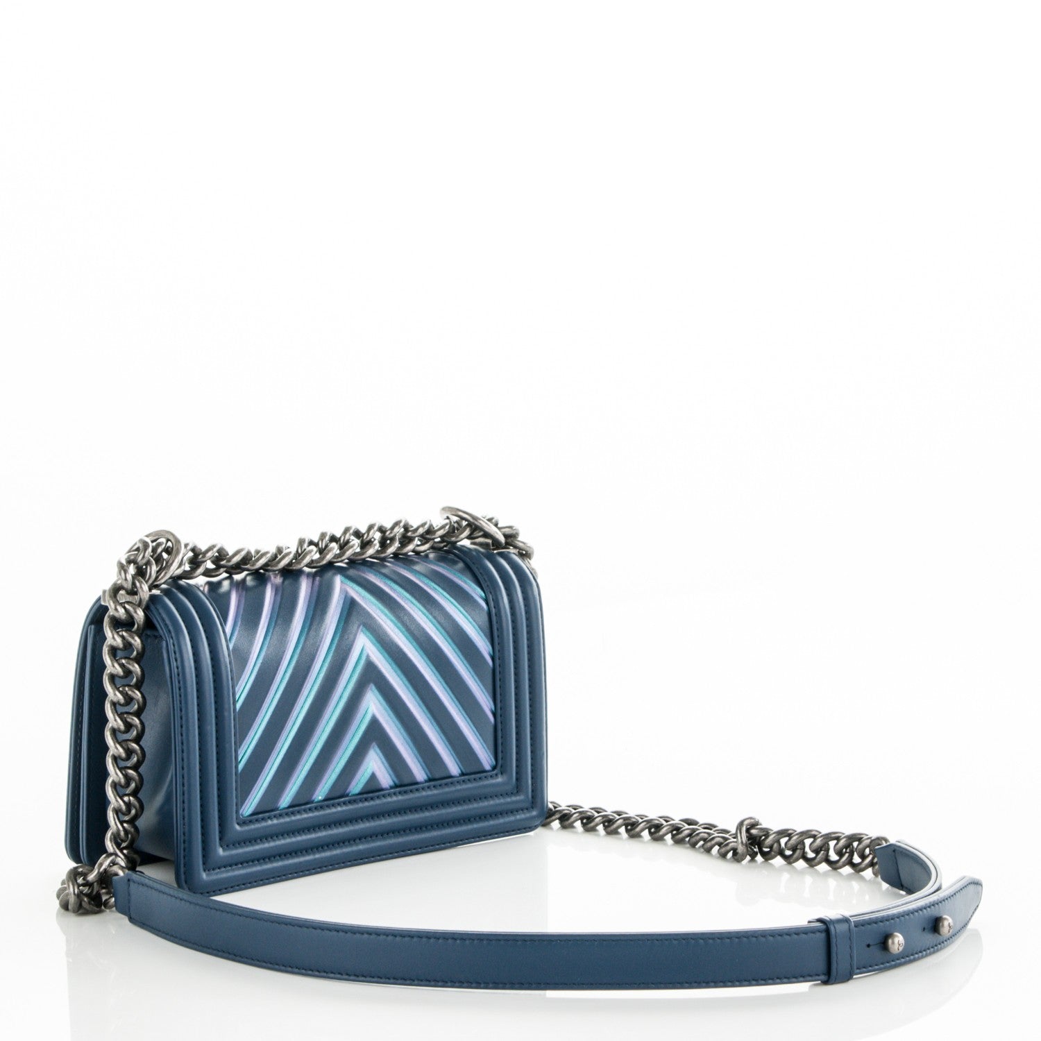 Chanel Calfskin Painted Chevron Embossed Small Boy Flap Dark Blue 3 of 7