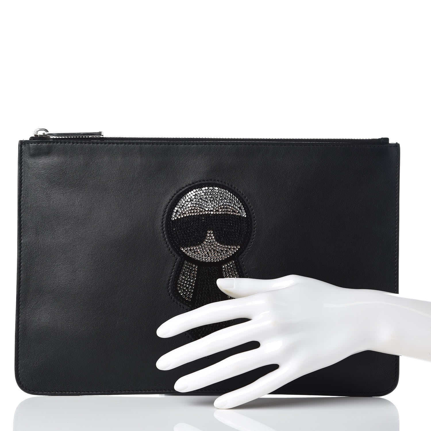 Fendi Calfskin Embroidered Karlito Pouch Black 2 of 8