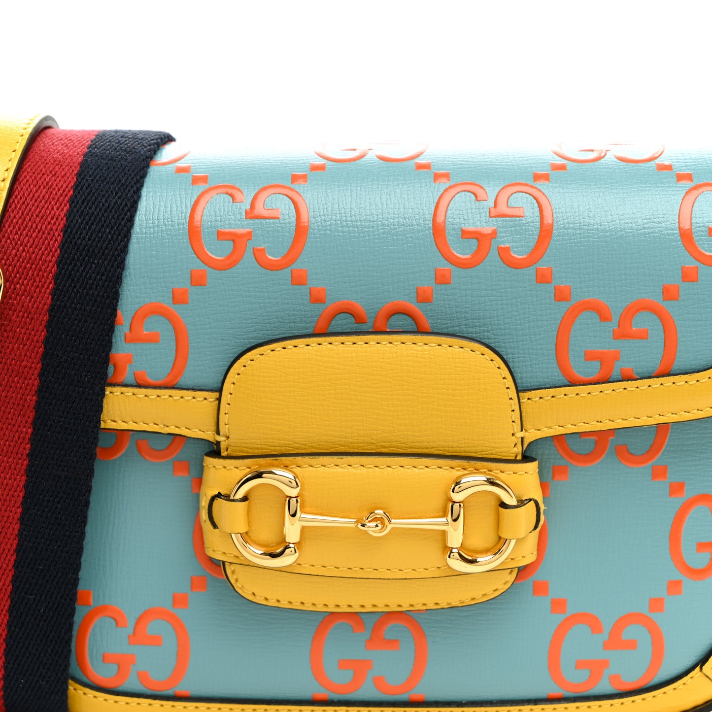 Azalea Calfskin GG Monogram Bi-Color Debossed Mini Horsebit 1955 Shoulder Bag Dusty Azure Stone Topaz Deep Orange