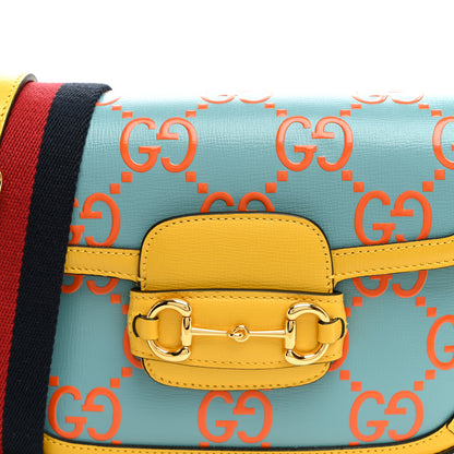 Gucci Azalea Calfskin GG Monogram Bi-Color Debossed Mini Horsebit 1955 Shoulder Bag Dusty Azure Stone Topaz Deep Orange 8 of 11