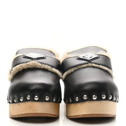 Prada Natural Calfskin Shearling Metal Triangle Logo 45mm Clogs 41 Black Sabbia 2 of 10