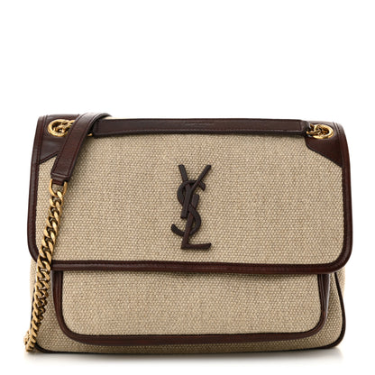 Saint Laurent Cotton Canvas Vintage Calfskin Monogram Medium Niki Chain Satchel Natural Chocolate 1 of 14