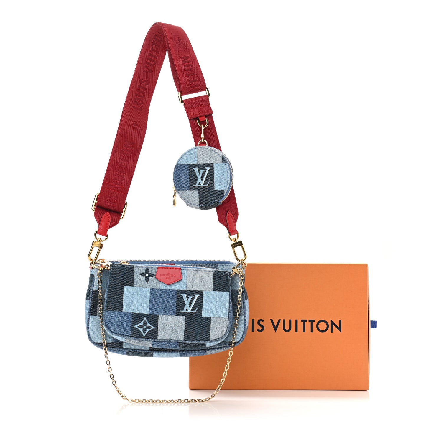 Denim Damier Monogram Patchwork Multi Pochette Accessories Blue Rouge