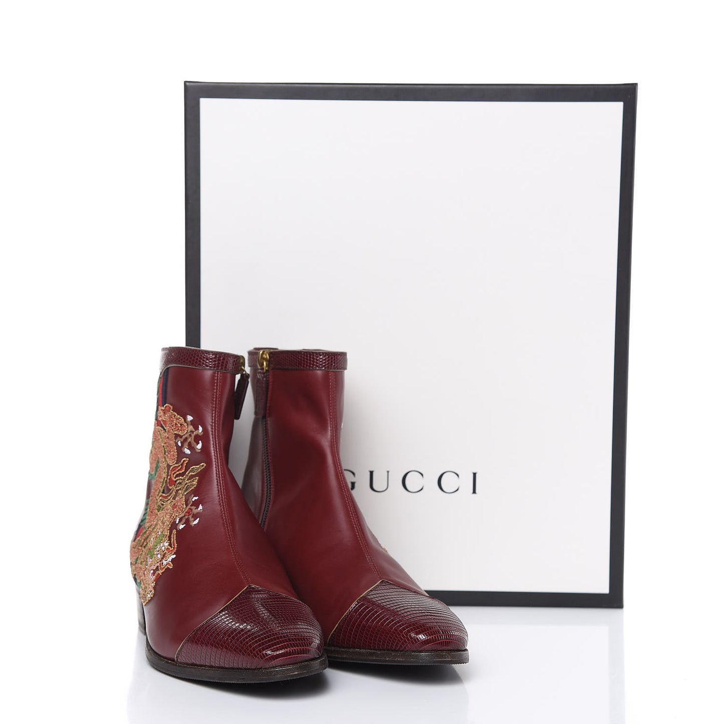 Calfskin Malaga Kid Lizard Web Dragon Embroidered Ankle Boots 38.5 Burgundy