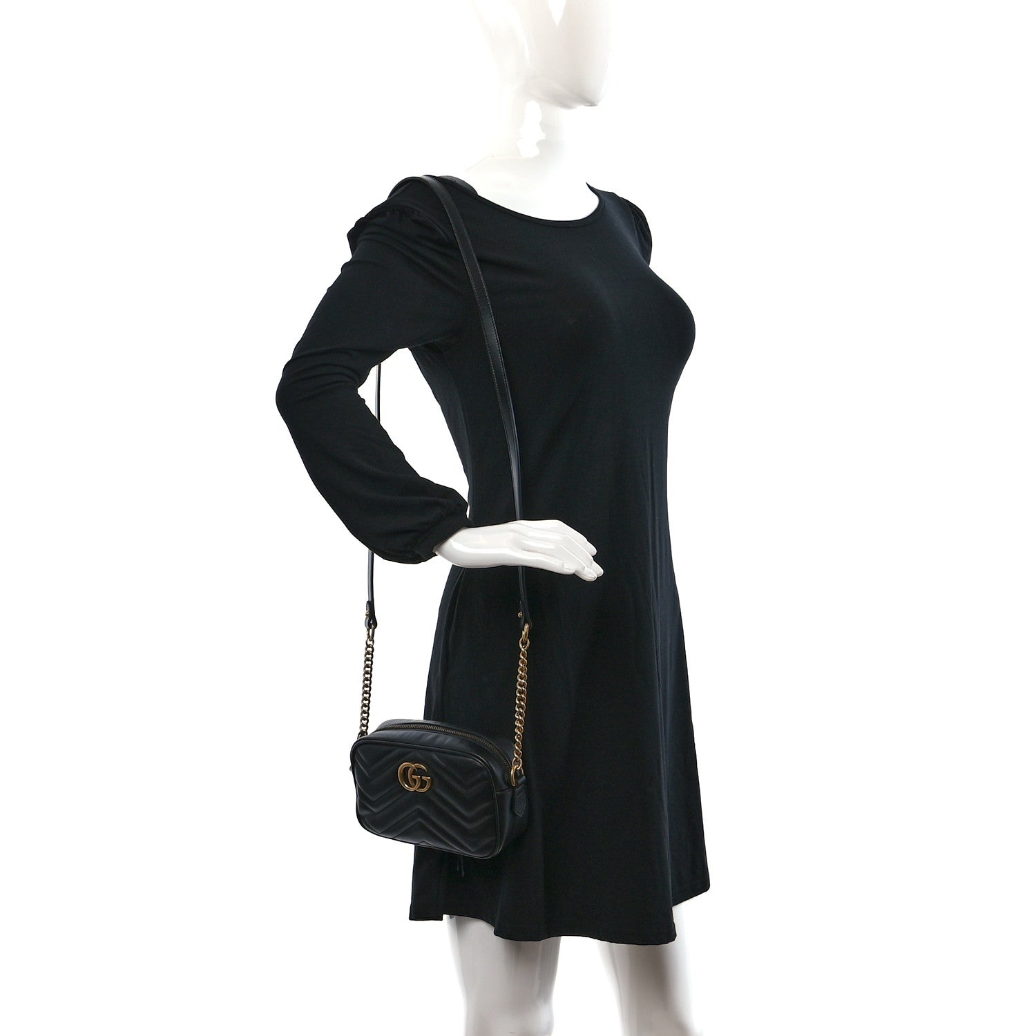 Gucci Calfskin Matelasse Mini GG Marmont Chain Shoulder Bag Black 2 of 9