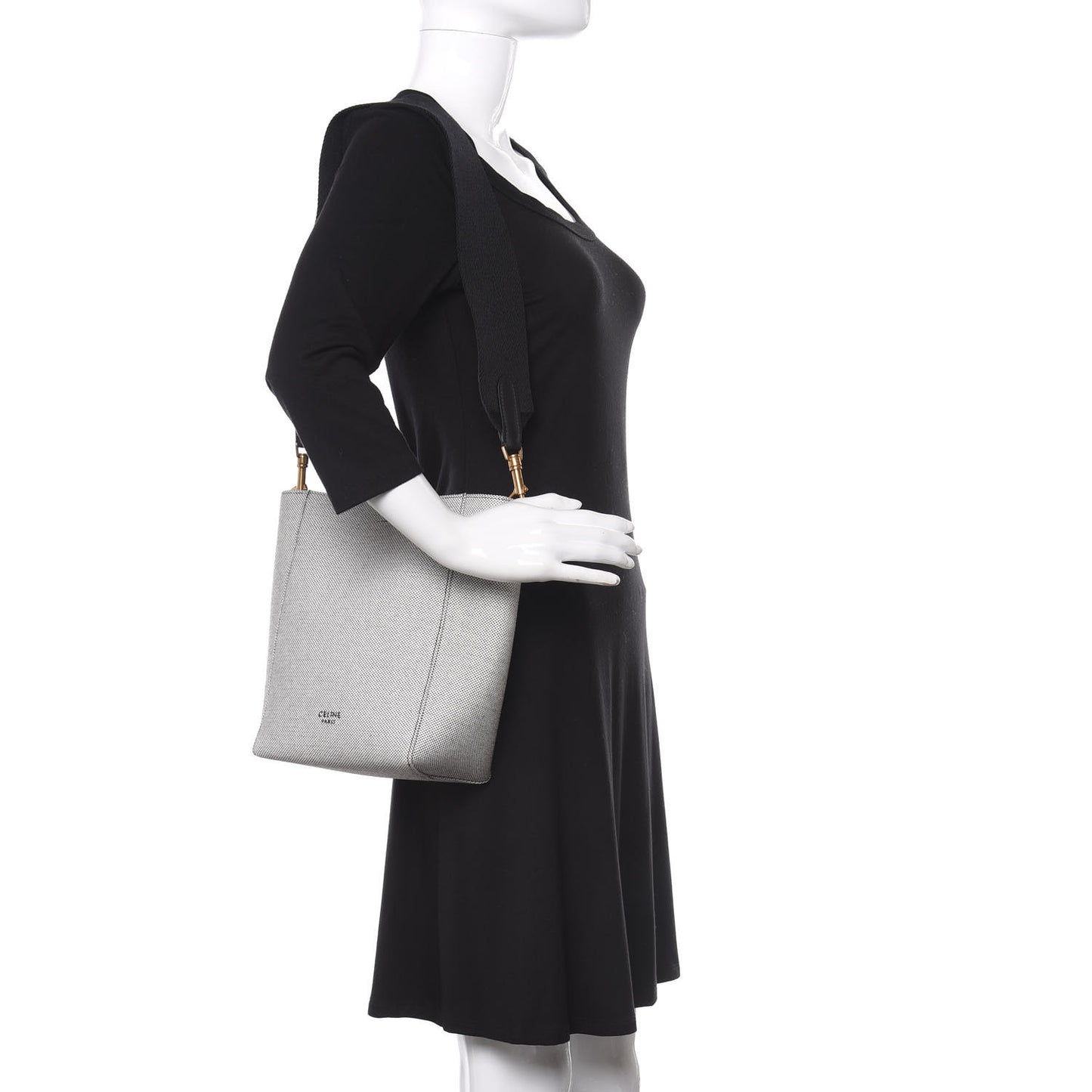 Textured Canvas Small Sangle Bucket Bag Black White