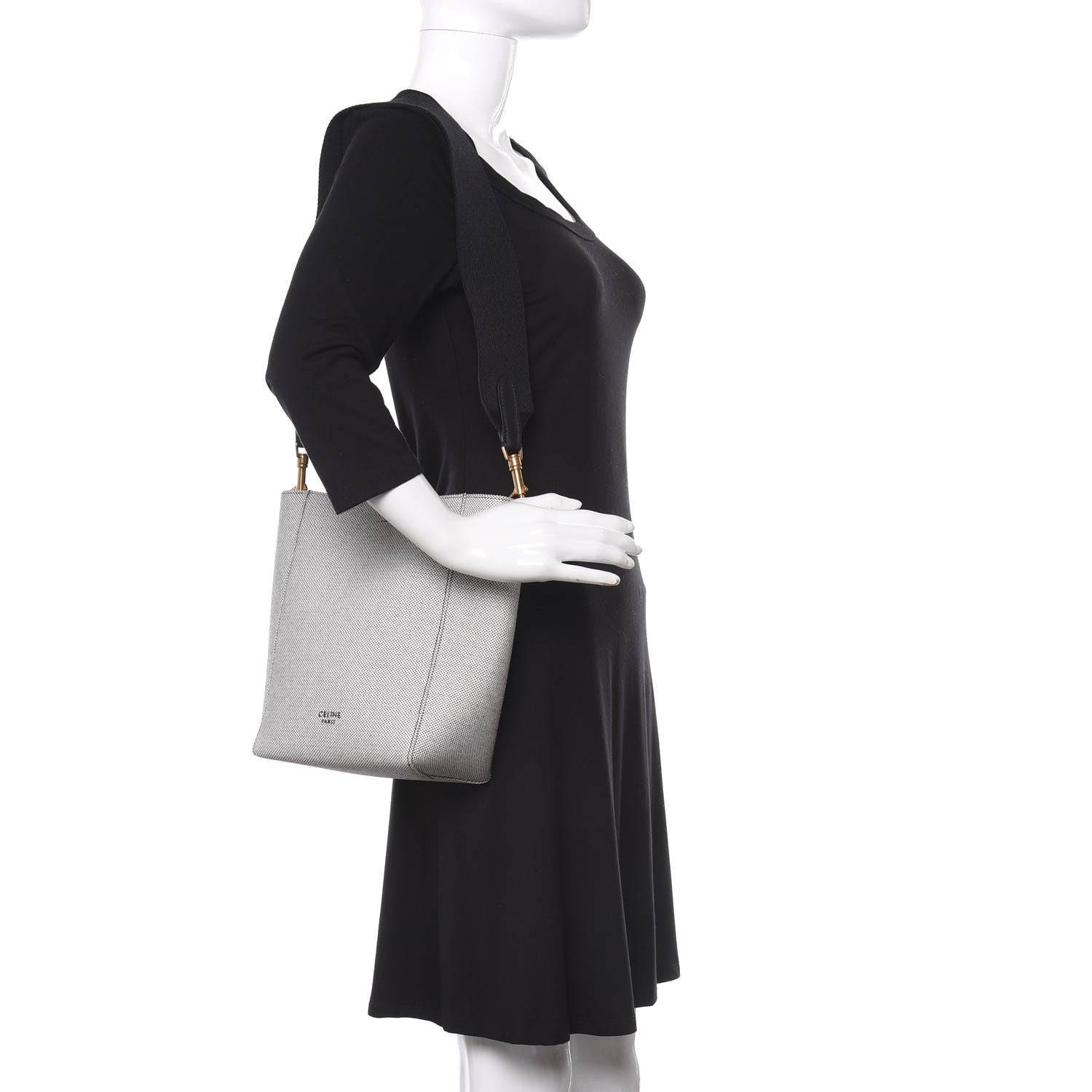 Celine Textured Canvas Small Sangle Bucket Bag Black White 2 of 9