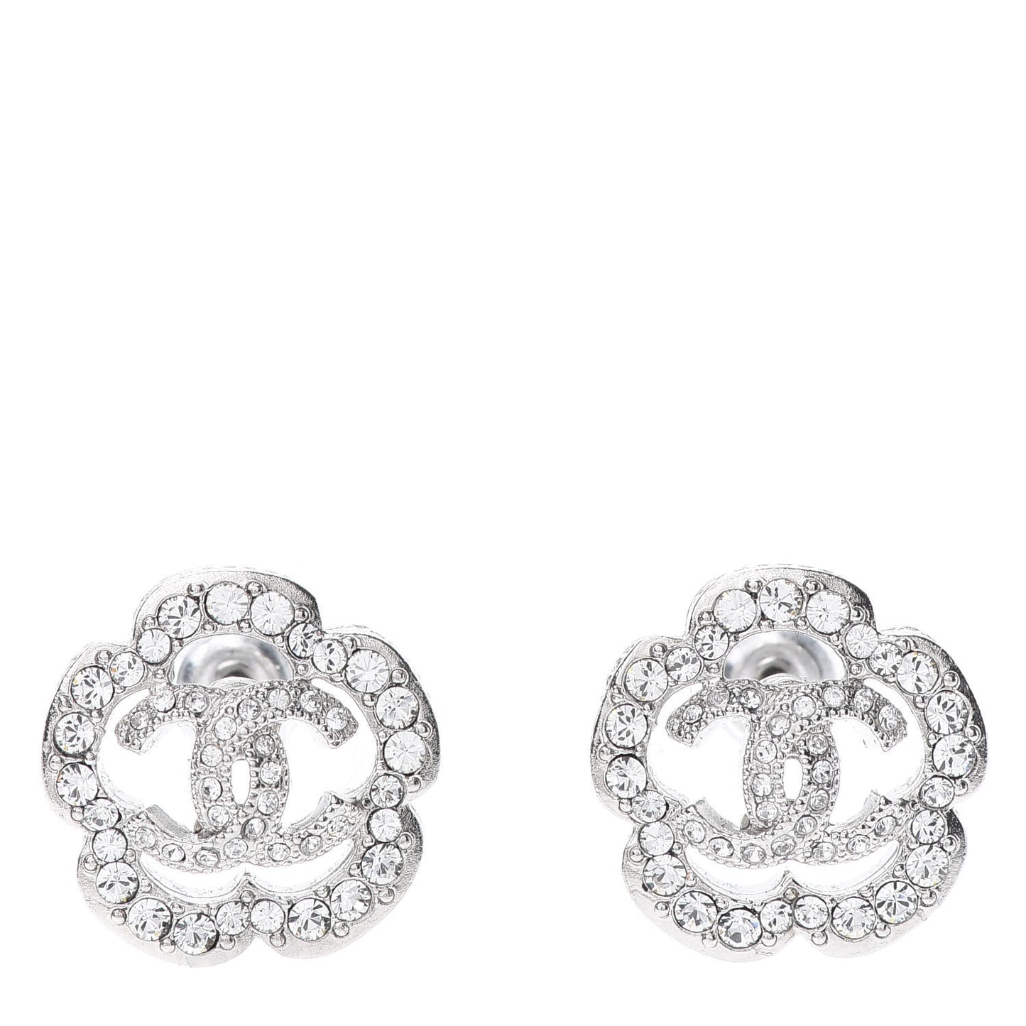 Crystal Coco Flapper Camellia CC Stud Earrings Silver