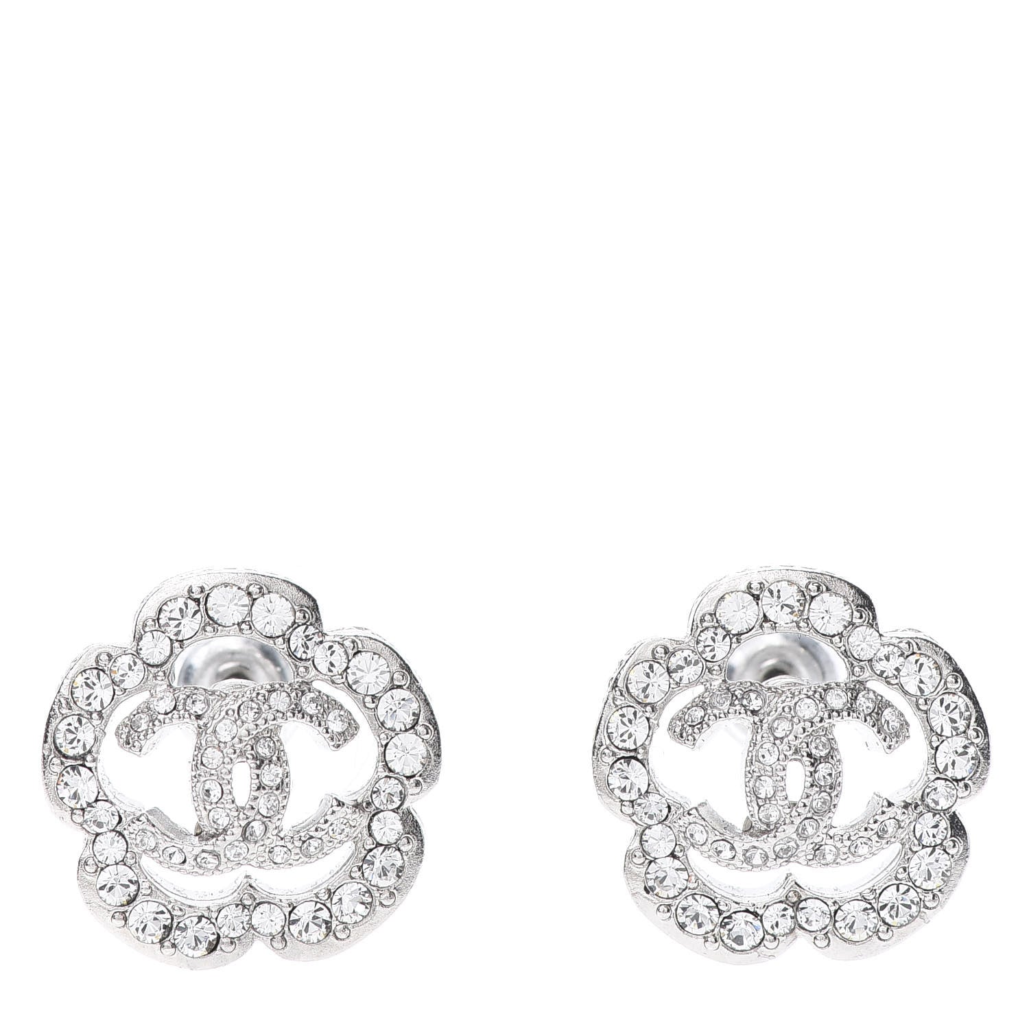 Chanel Crystal Coco Flapper Camellia CC Stud Earrings Silver 1 of 5