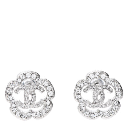 Chanel Crystal Coco Flapper Camellia CC Stud Earrings Silver 1 of 5