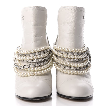 Chanel Crackled Calfskin Pearl Chain CC Short Boots 38.5 White 3 of 10