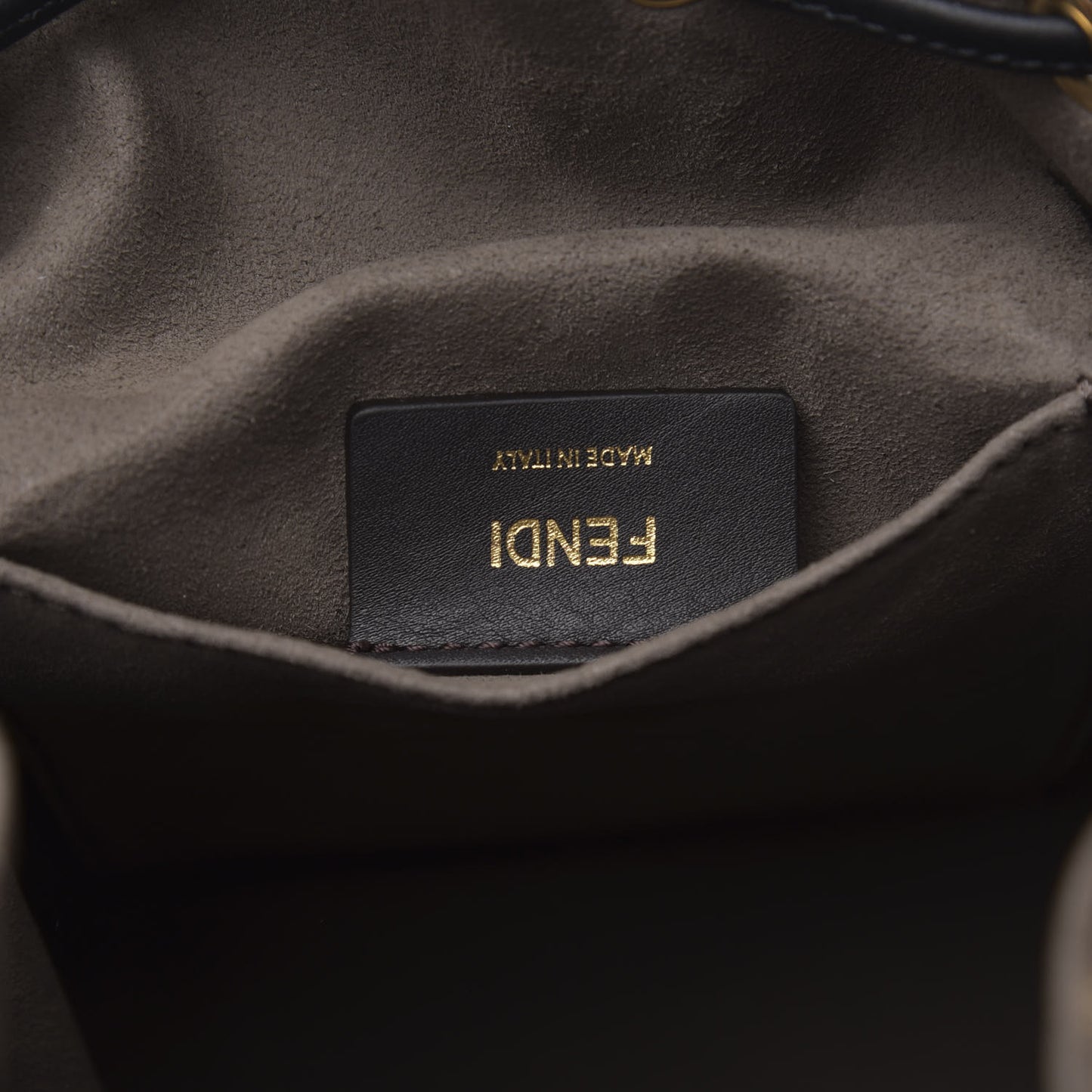 Glazed Fabric Vitello Grace F is Fendi FF 1974 Stamp Patch Grande Mon Tresor Bucket Bag Mogano Panna Black