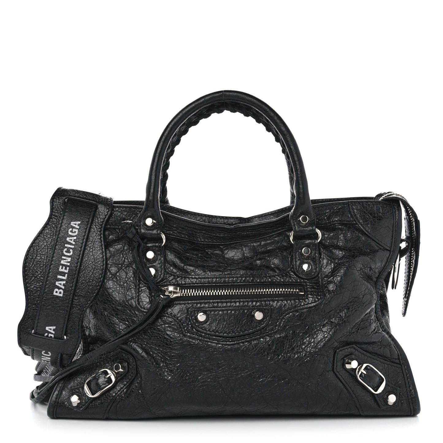 Agneau Classic Silver Hardware S City Logo Strap Black White