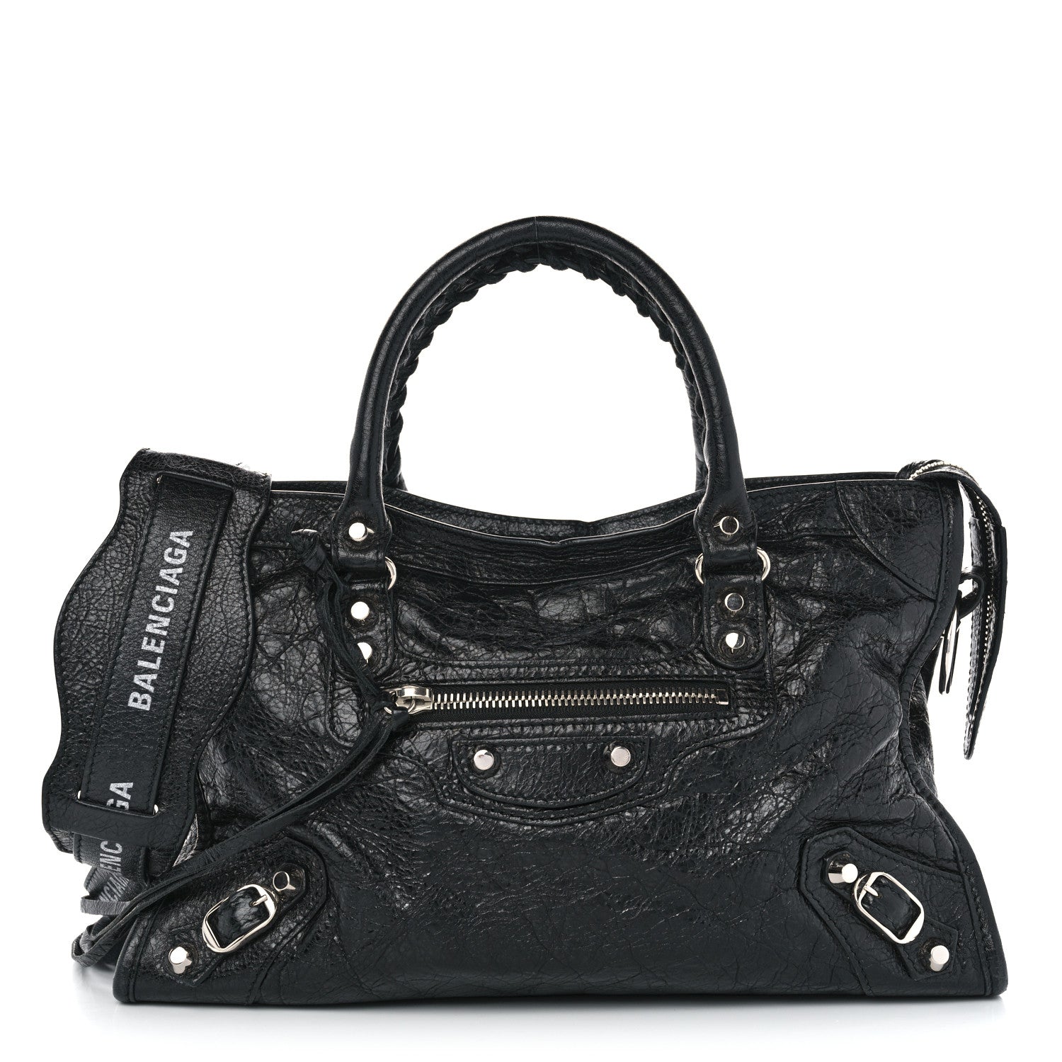 Balenciaga Agneau Classic Silver Hardware S City Logo Strap Black White 1 of 11