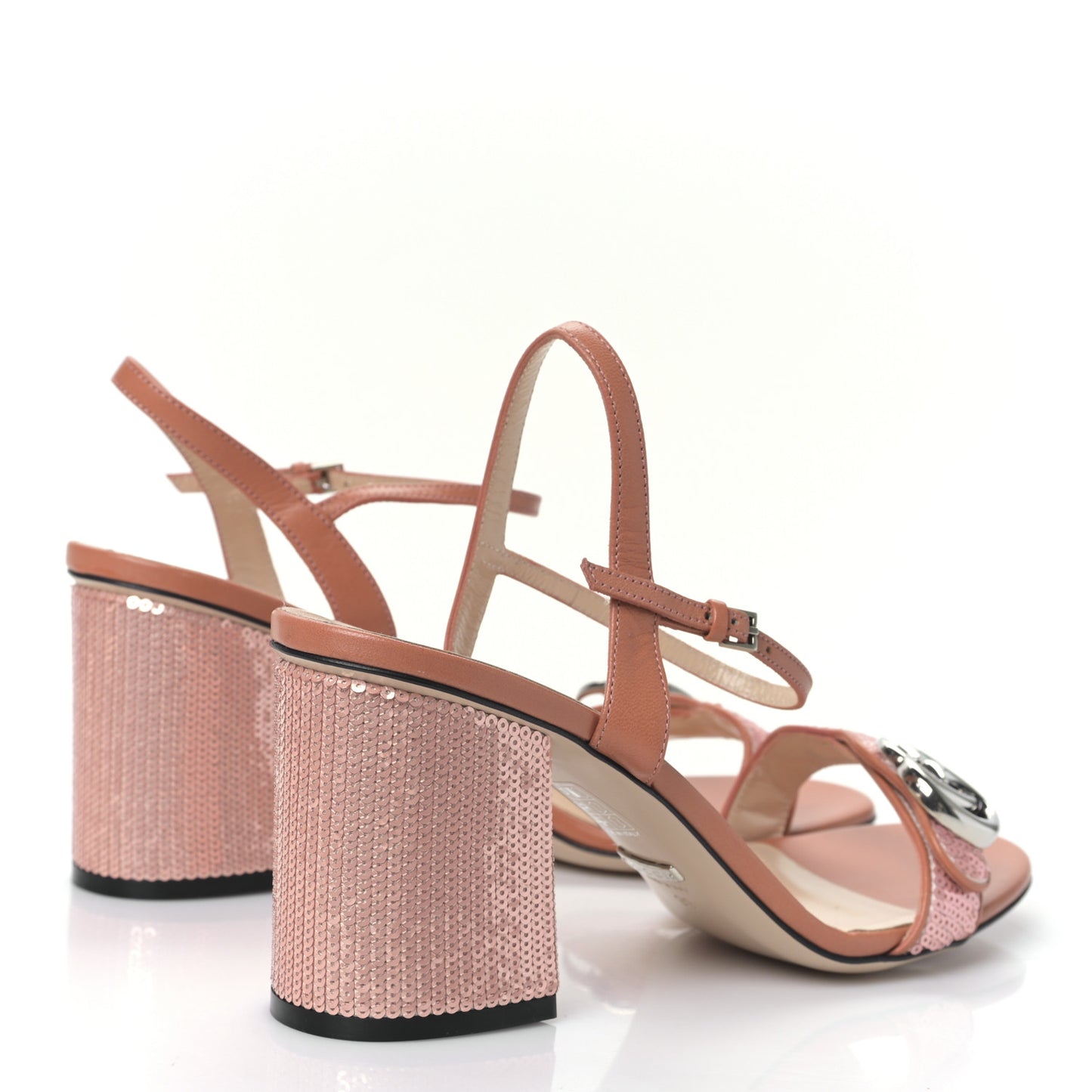Sequin Satin Malaga Kid GG Marmont Ankle Wrap 75mm Sandals 39 Antique Rose Rosa Pale Pink