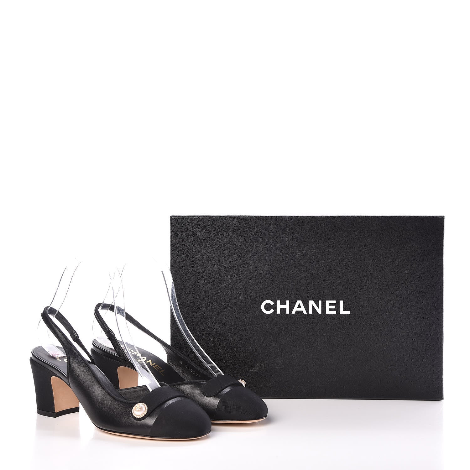 Chanel Lambskin Grosgrain Pearl Cap Toe CC Slingback Pumps 36.5 Black 8 of 8