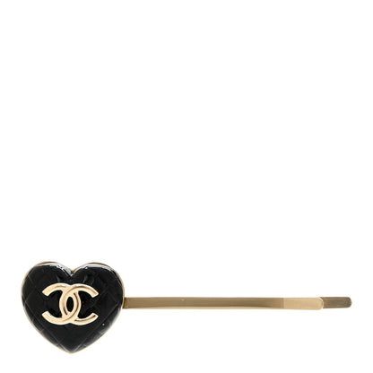 Chanel Resin Quilted Heart CC Hair Clip Pin Gold Black 1 of 4