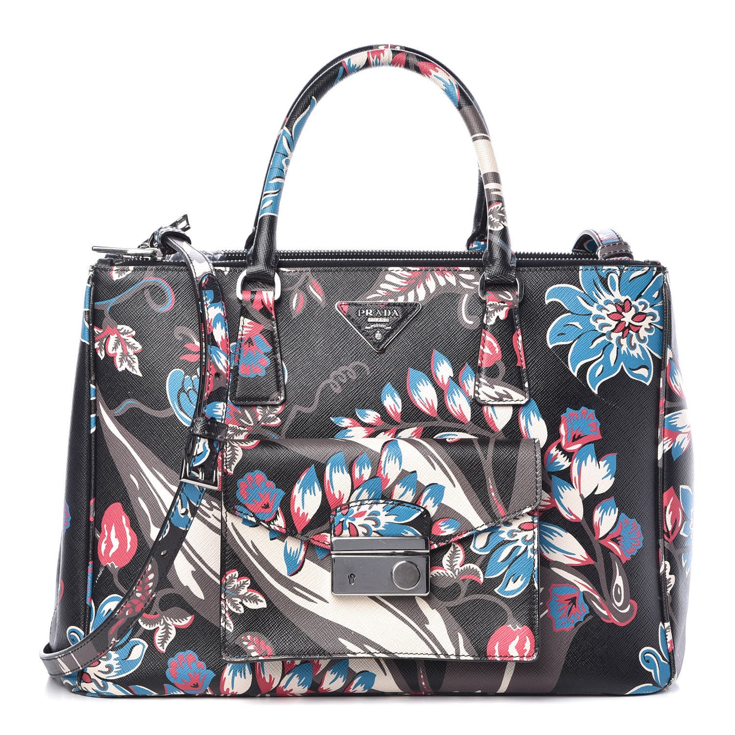Saffiano Floral Print Galleria Front Pocket Tote Black Multicolor