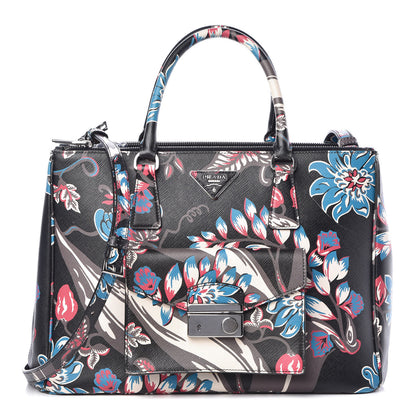 Prada Saffiano Floral Print Galleria Front Pocket Tote Black Multicolor 1 of 11