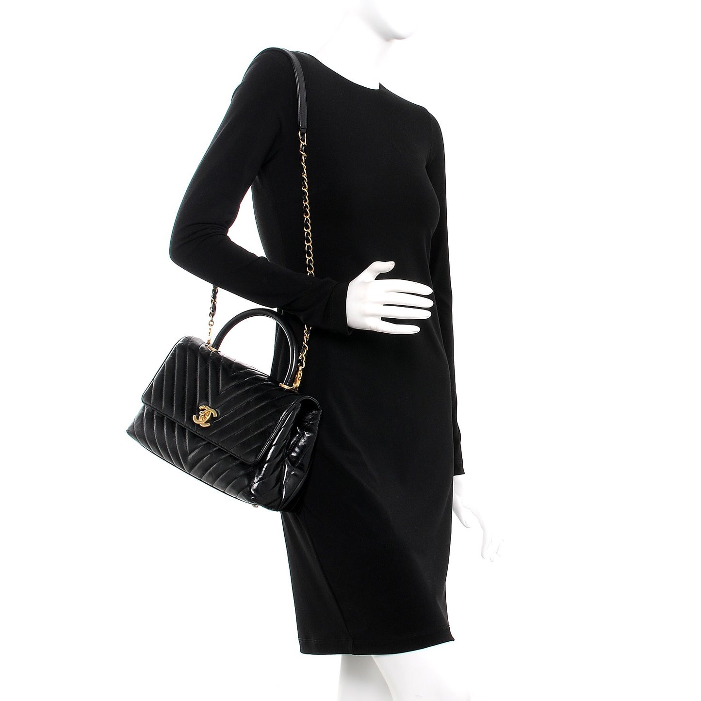 Calfskin Chevron Quilted Small Coco Handle Flap Black