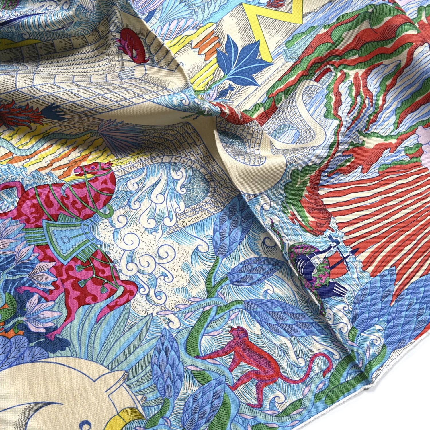 Hermes Silk Cosmographia Universalis Scarf 90 Turquoise Jaune Rose 4 of 5