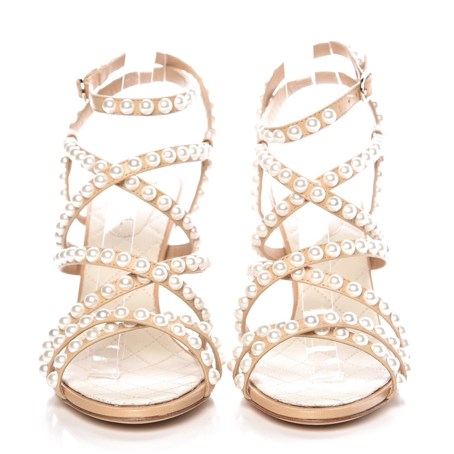 Goatskin Quilted Pearl Sandals 38 Beige