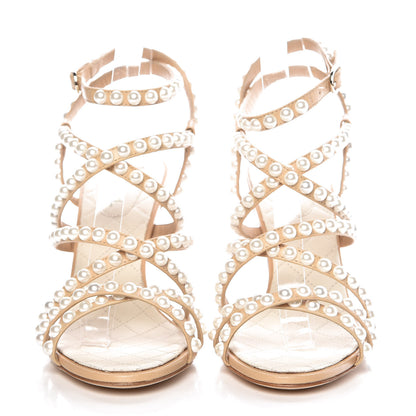 Chanel Goatskin Quilted Pearl Sandals 38 Beige 2 of 9