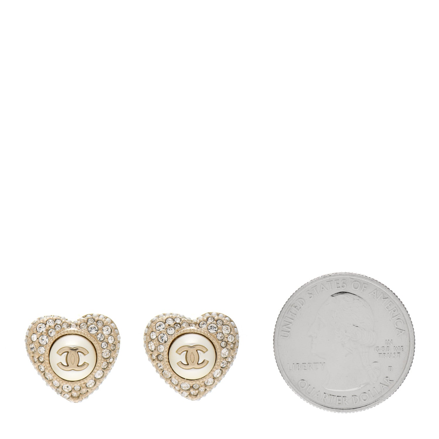 Chanel Pearl Crystal CC Heart Earrings Gold White 2 of 5