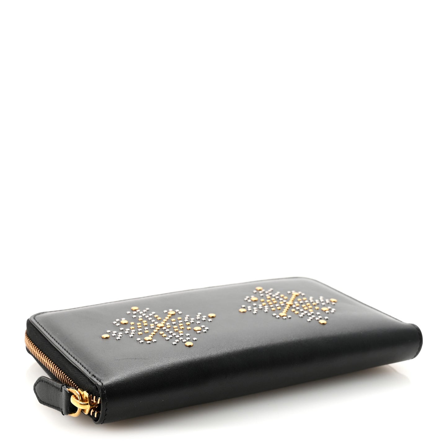 Calfskin Studded Snowflake Zip Around Wallet Black