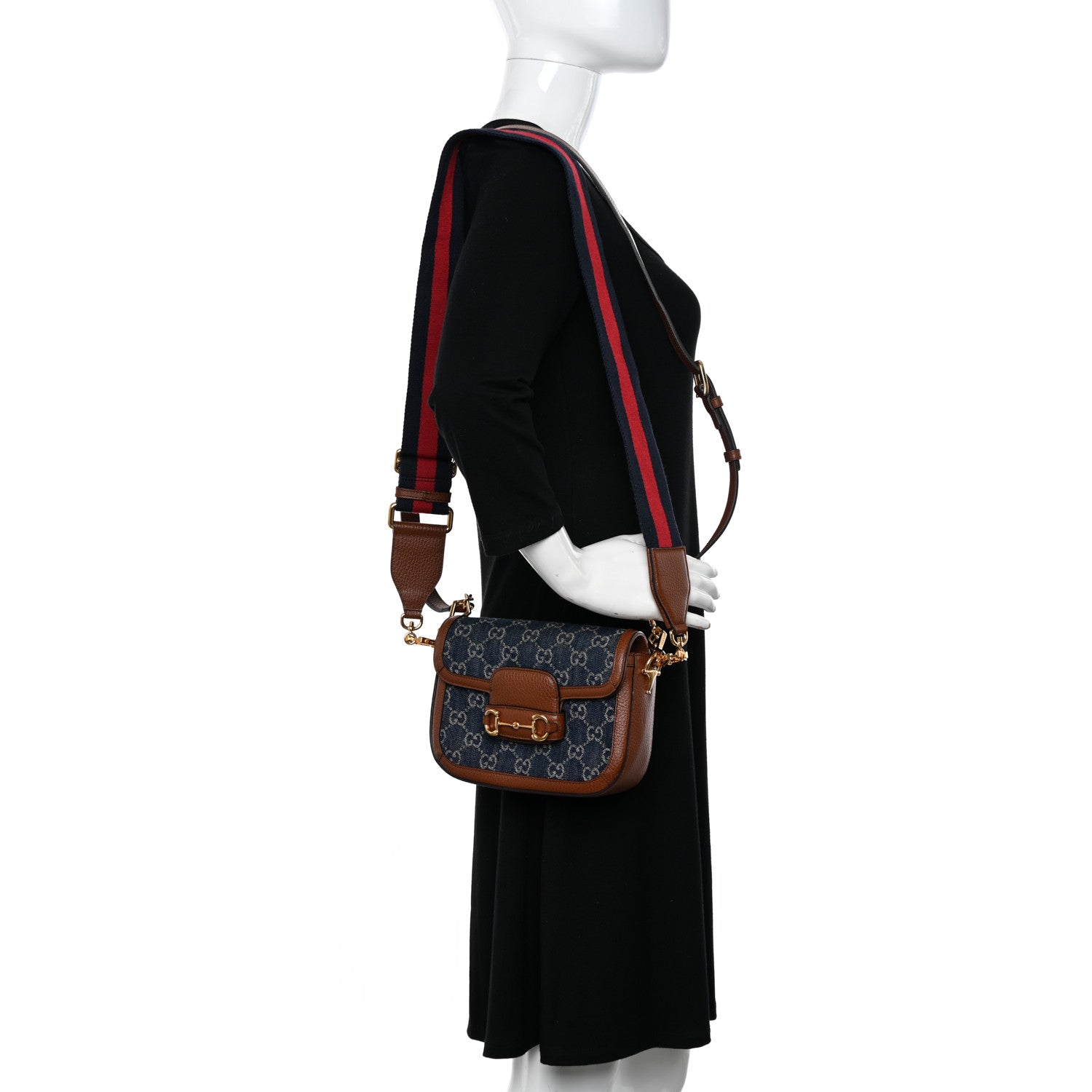 Gucci New Denim GG Monogram Dollar Calfskin Web Mini Horsebit 1955 Shoulder Bag Blue Tea Cuir Epilog 2 of 12