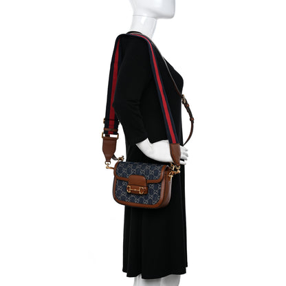 Gucci New Denim GG Monogram Dollar Calfskin Web Mini Horsebit 1955 Shoulder Bag Blue Tea Cuir Epilog 2 of 12