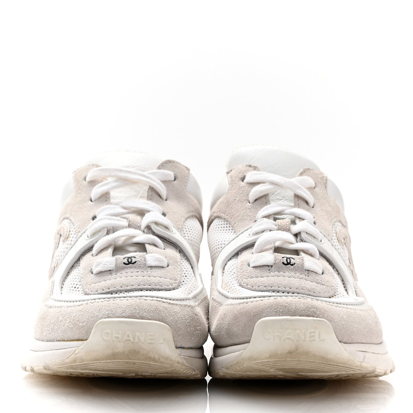 Mesh Suede Calfskin Grained Calfskin Womens CC Sneakers 39 White Grey