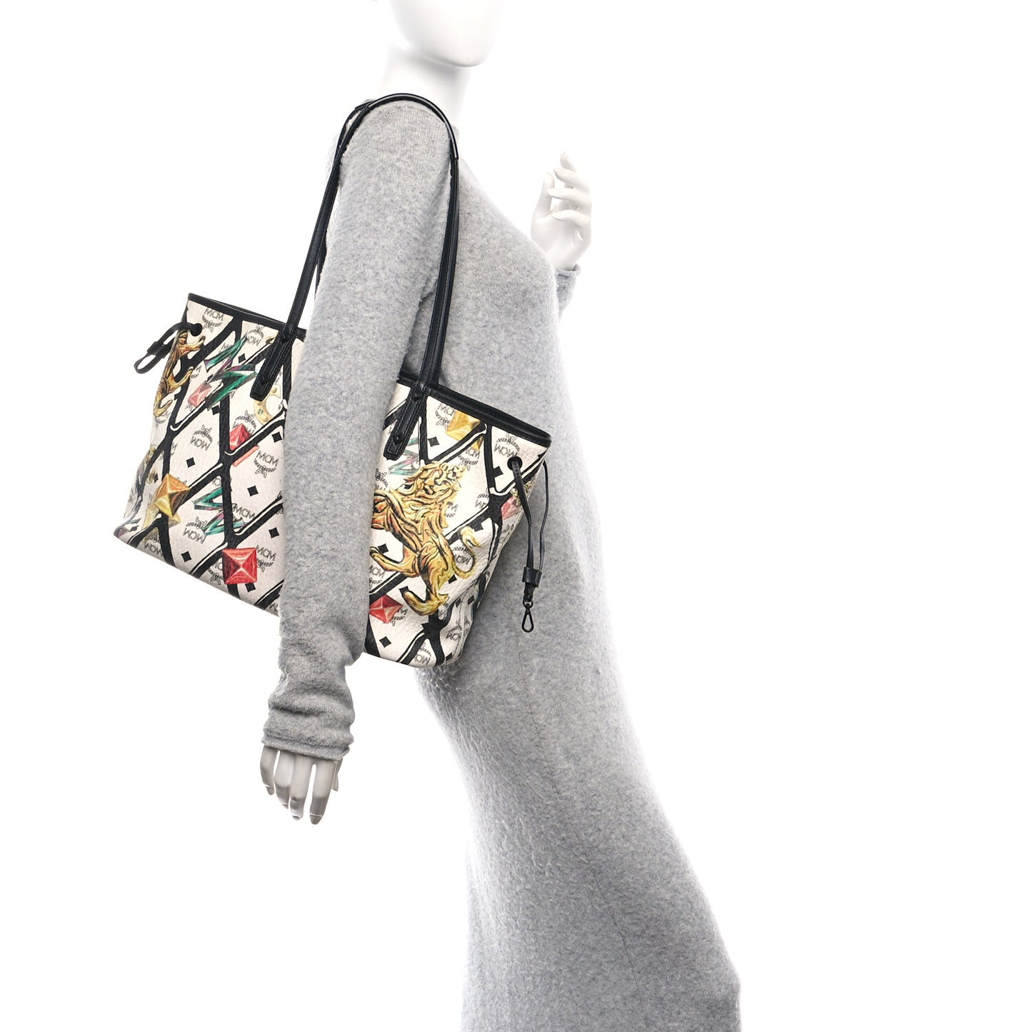 Visetos Calfskin Motif Rombi Lion Printed Reversible Shopper Tote White