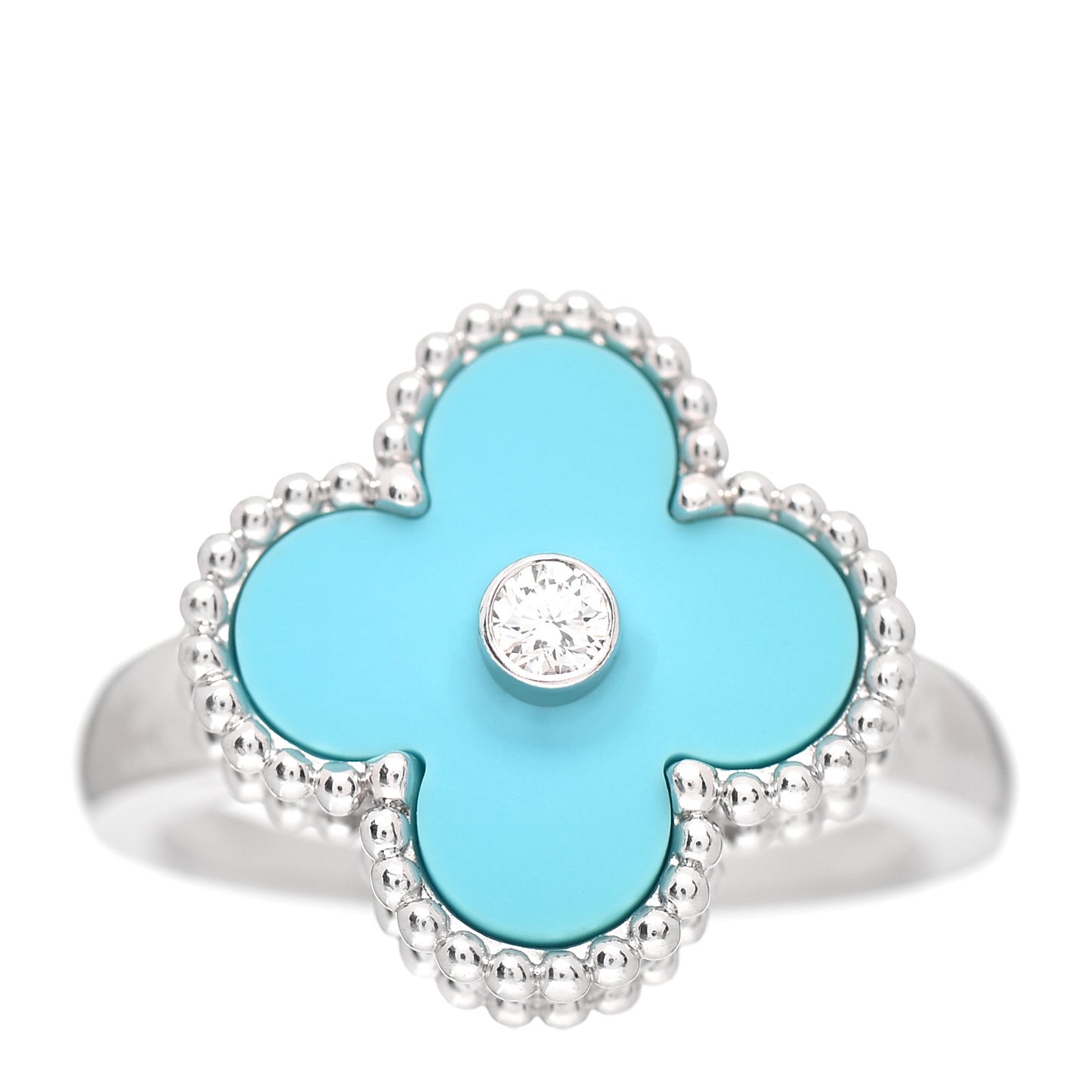 18K White Gold Diamond Turquoise Vintage Alhambra Ring 51 5.75