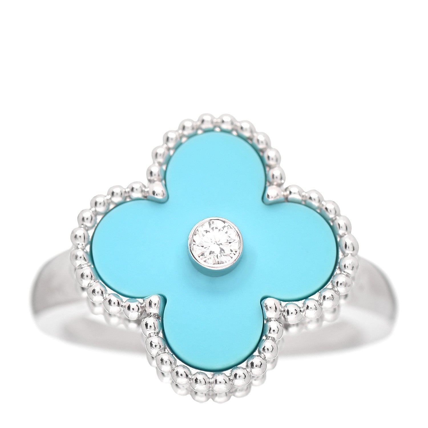 Van Cleef & Arpels 18K White Gold Diamond Turquoise Vintage Alhambra Ring 51 5.75 1 of 5