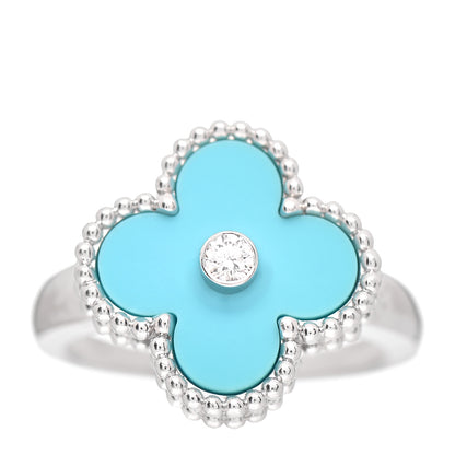 Van Cleef & Arpels 18K White Gold Diamond Turquoise Vintage Alhambra Ring 51 5.75 1 of 5