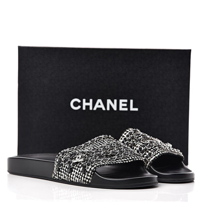 Chanel Tweed Lambskin Chain Flat Sandals 42 Black Multicolor 12 of 12