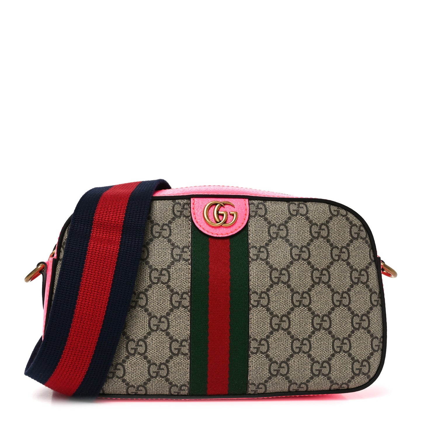 GG Supreme Monogram Textured Dollar Calfskin Web Ophidia Small Crossbody Bag Beige Ebony Fuchsia