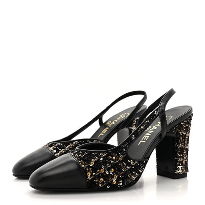 Chanel Tweed Sequins Goatskin Cap Toe CC Slingback Pumps 37 Black White Gold 4 of 10