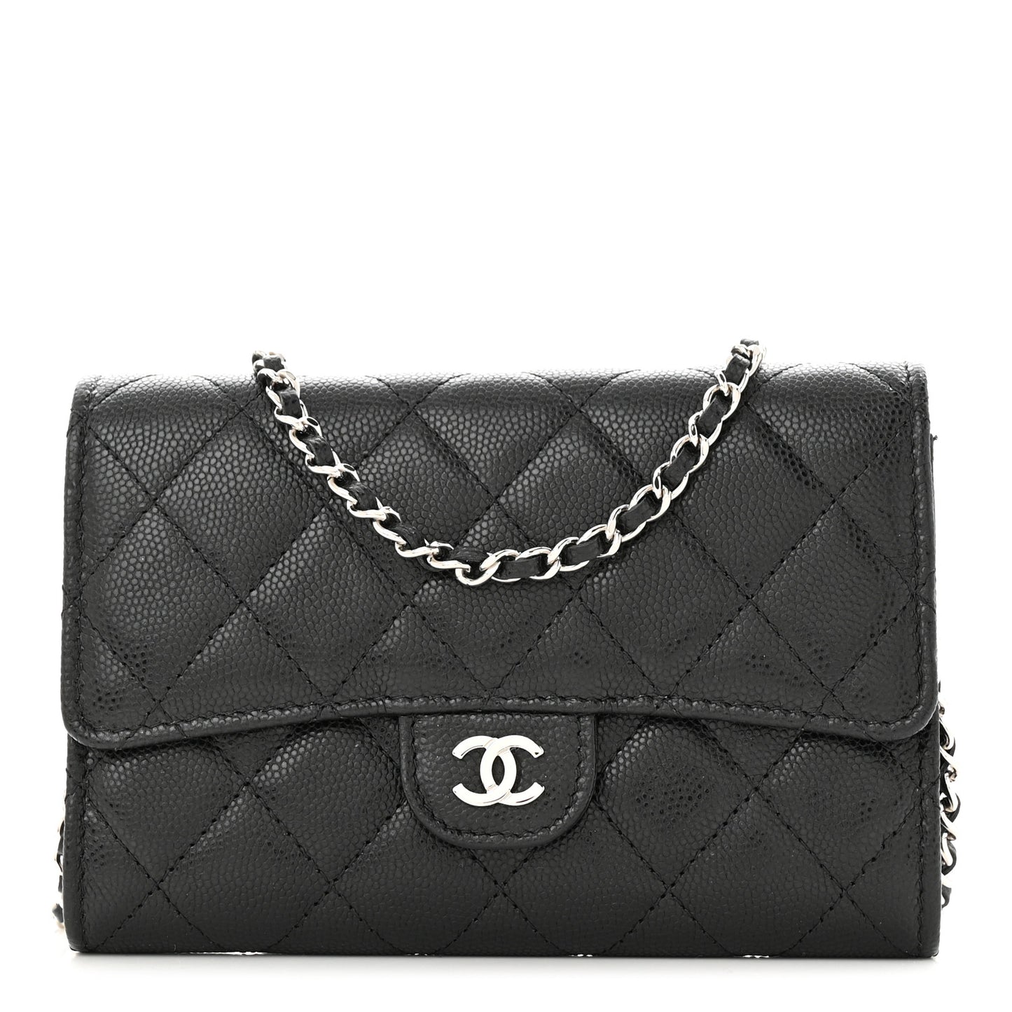 Iridescent Caviar Quilted Classic Clutch With Chain Black