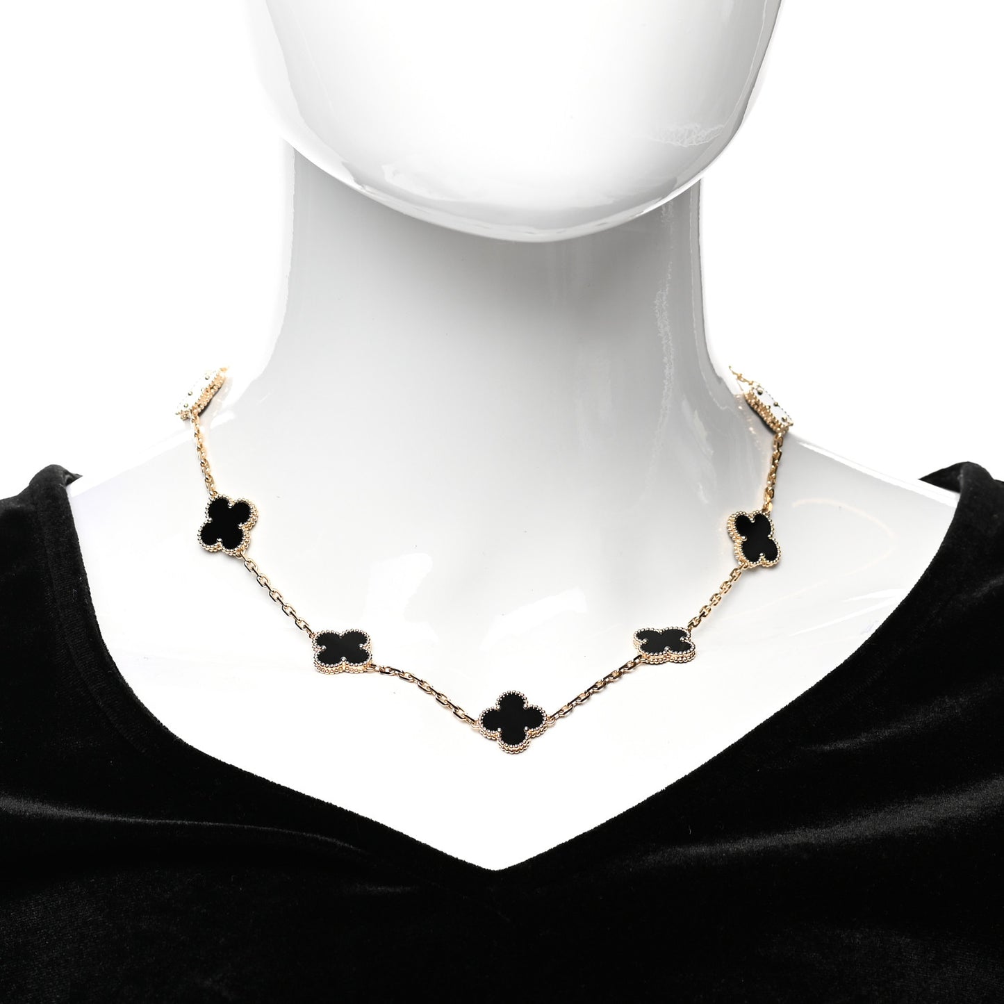 18K Yellow Gold Black Onyx 10 Motifs Vintage Alhambra Necklace
