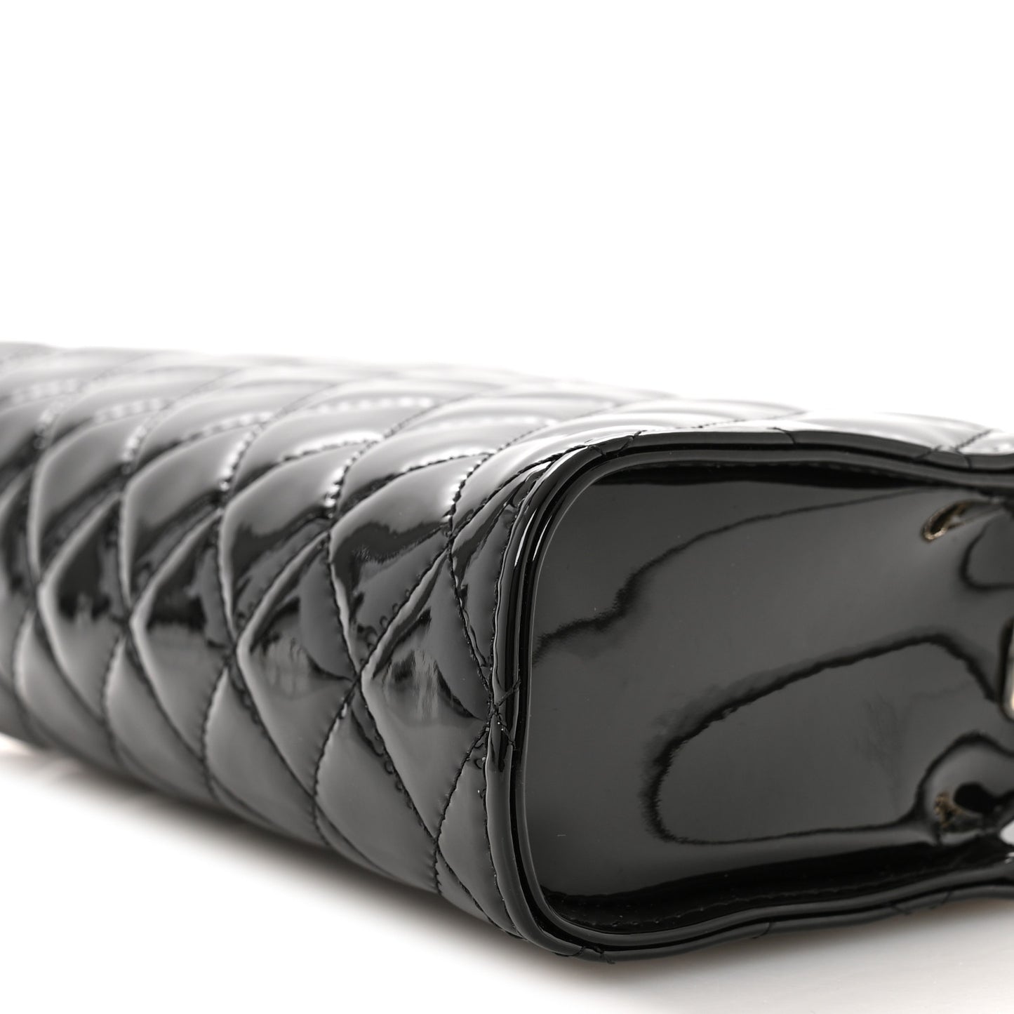 Patent Calfskin Quilted Pearl Clutch With Chain Black