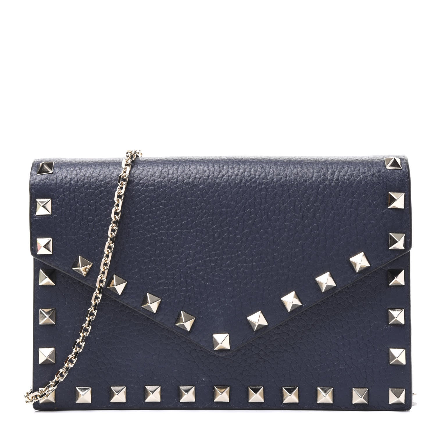 Valentino Garavani Pebbled Calfskin Rockstud Envelope Wallet on Chain Indigo 1 of 9