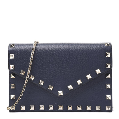 Valentino Garavani Pebbled Calfskin Rockstud Envelope Wallet on Chain Indigo 1 of 9