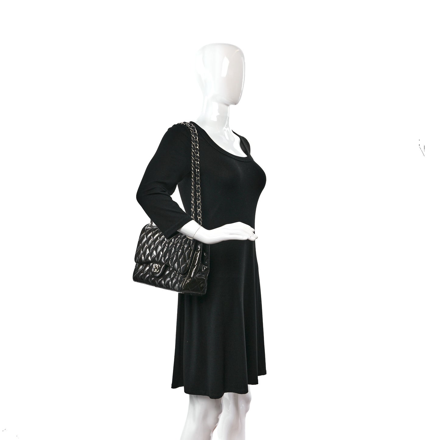 Striated Patent Quilted Jumbo Double Flap Black