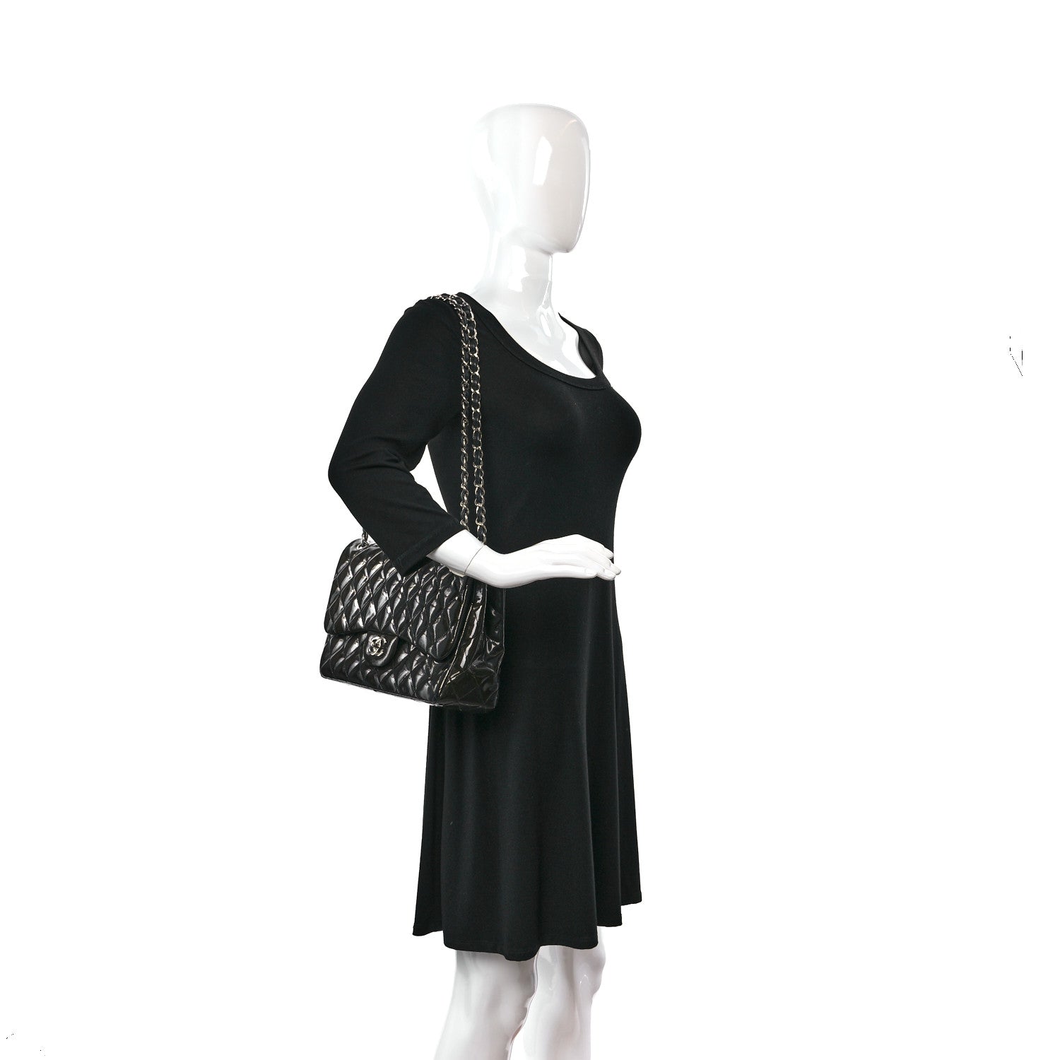 Chanel Striated Patent Quilted Jumbo Double Flap Black 2 of 9
