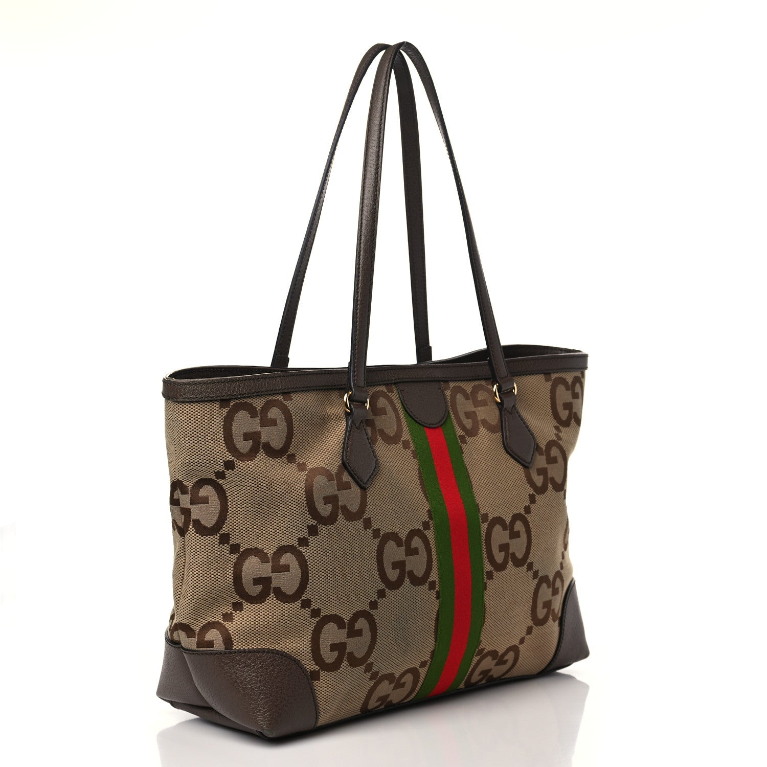 Gucci Monogram Jumbo GG Textured Dollar Calfskin Web Medium Ophidia Shopping Tote Camel Ebony 3 of 9
