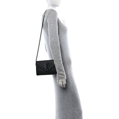 Saint Laurent Grain De Poudre Matelasse Chevron Monogram Monochrome Chain Wallet Black 2 of 13