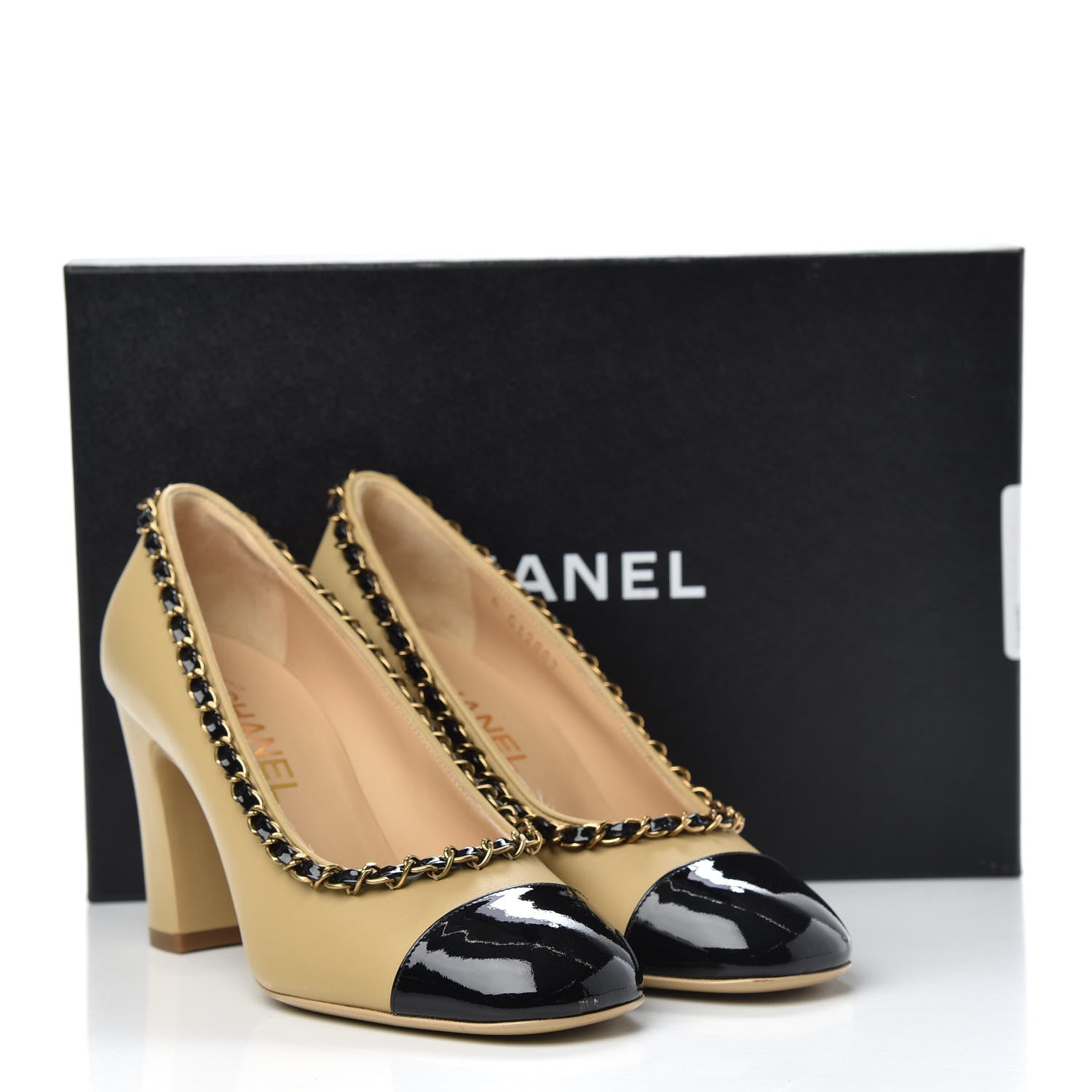 Chanel Calfskin Patent Calfskin Chain Cap Toe Pumps 36.5 Beige Black 11 of 11